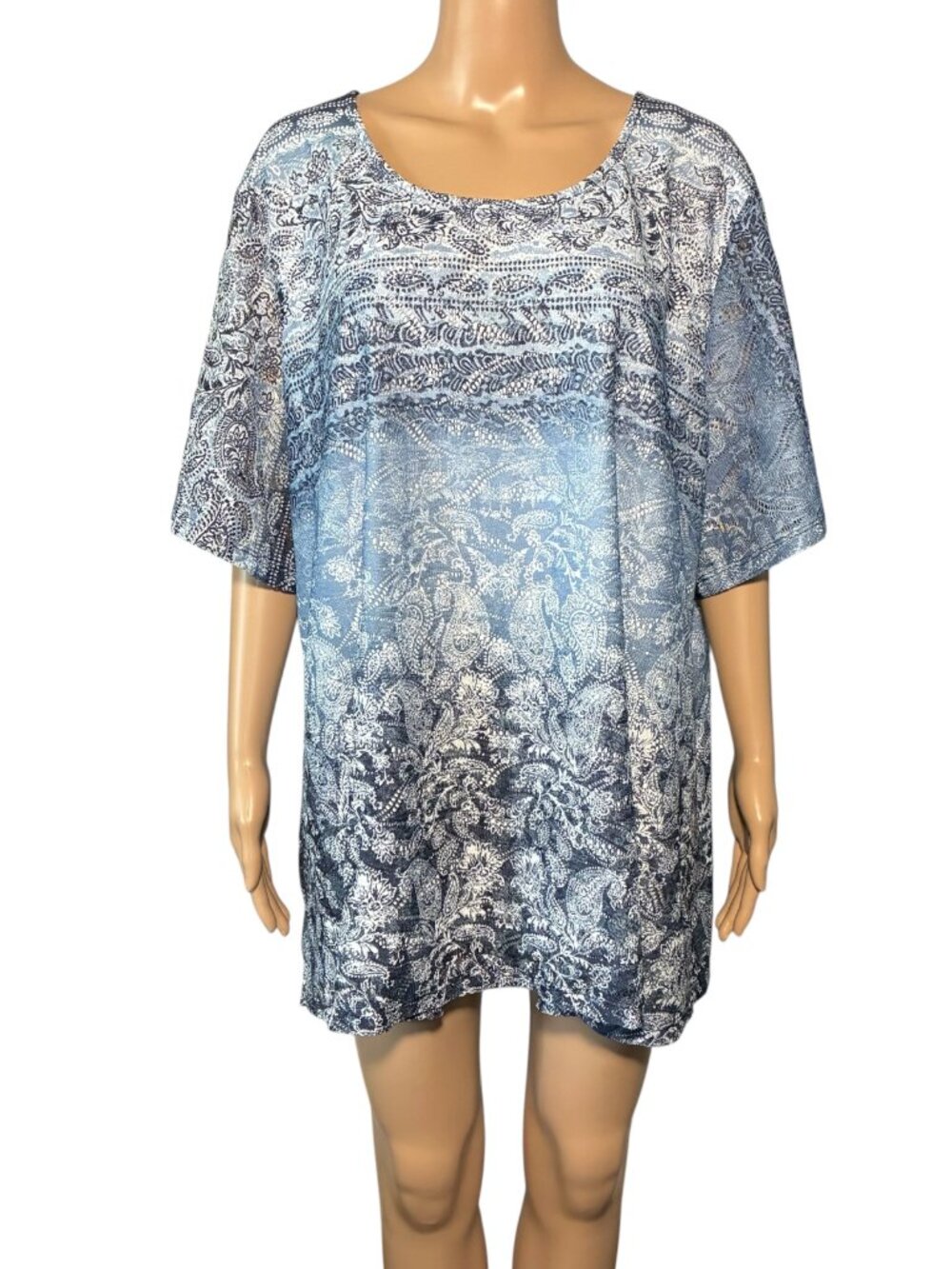 Catherines Women’s3X Blue White Paisley Tunic Blouse Short Sleeve Lined Pullover
